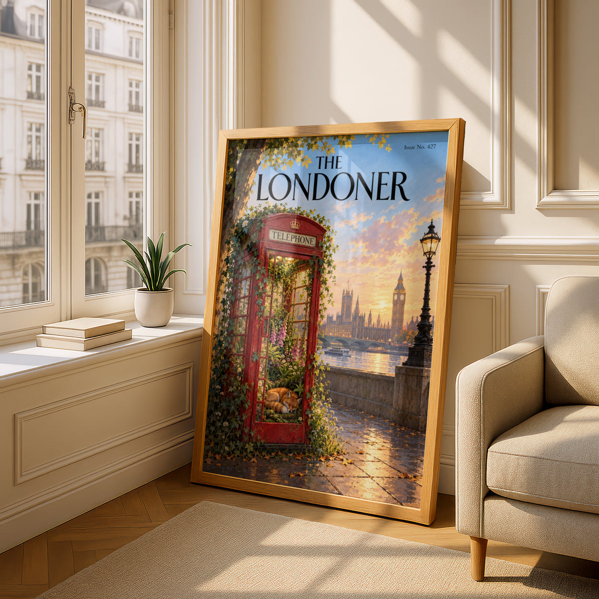 London Telephone Box Poster, Sleeping Fox Wall Art Print, Big Ben Sunset Thames Illustration