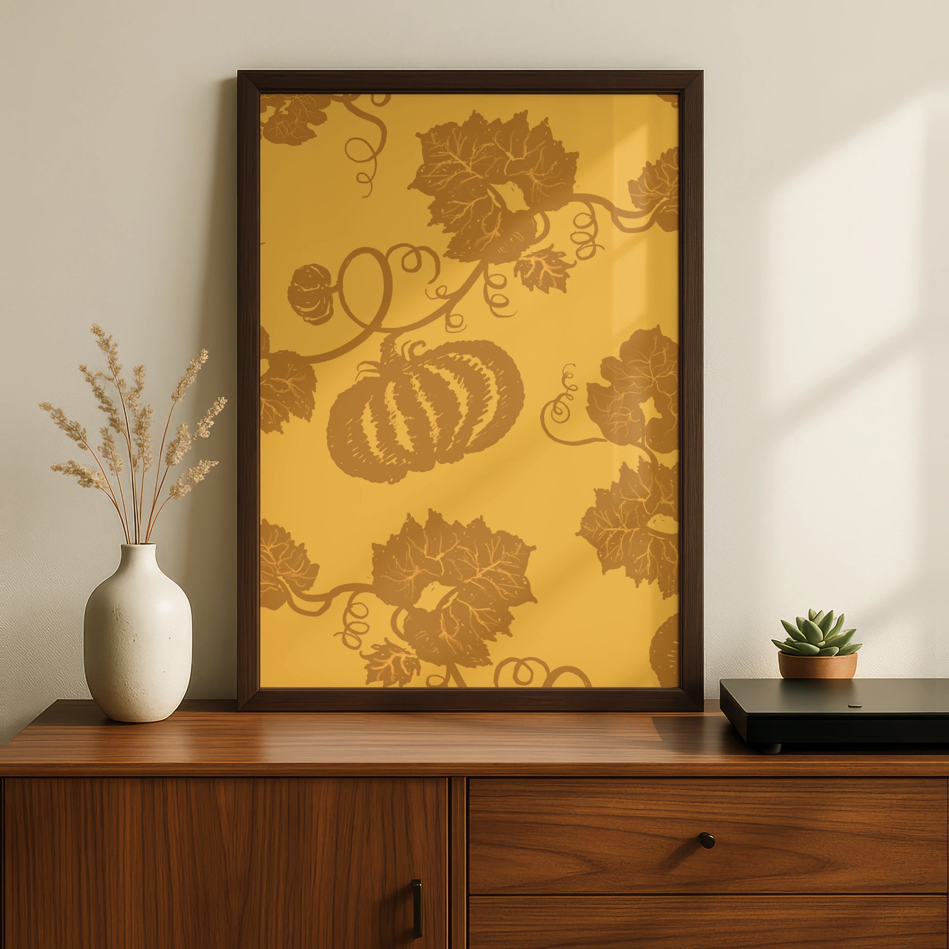 Halloween Pumpkin Vine Wall Art, Autumn Botanical Poster, Gold Orange Fall Decor Print