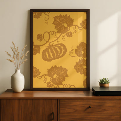 Halloween Pumpkin Vine Wall Art, Autumn Botanical Poster, Gold Orange Fall Decor Print