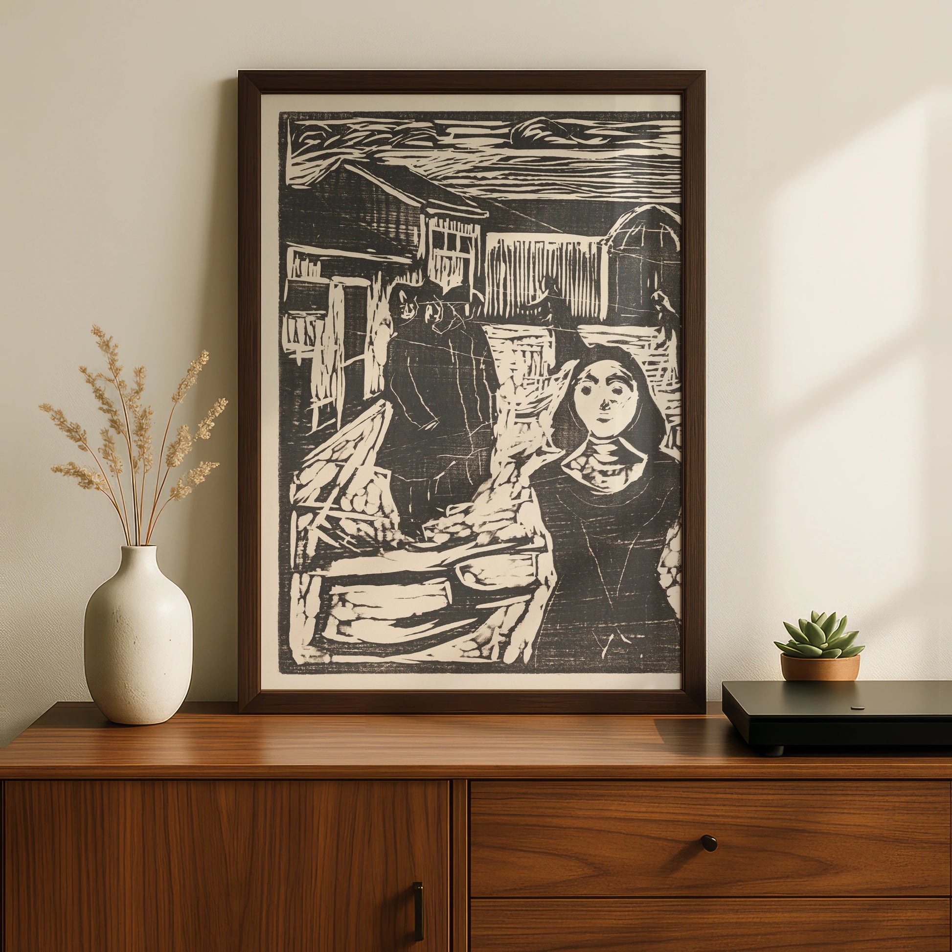 Halloween Woodcut Art Print, Dark Gothic Village Scene, Black White Spooky Wall Art Poster