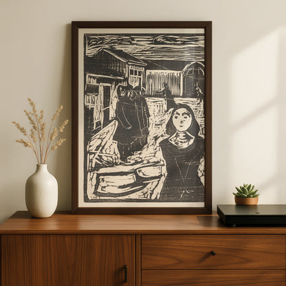 Halloween Woodcut Art Print, Dark Gothic Village Scene, Black White Spooky Wall Art Poster
