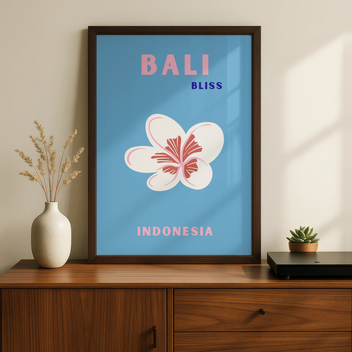 Bali Travel Poster Indonesia Wall Art, Retro Frangipani Print, Blue Pink Tropical Decor
