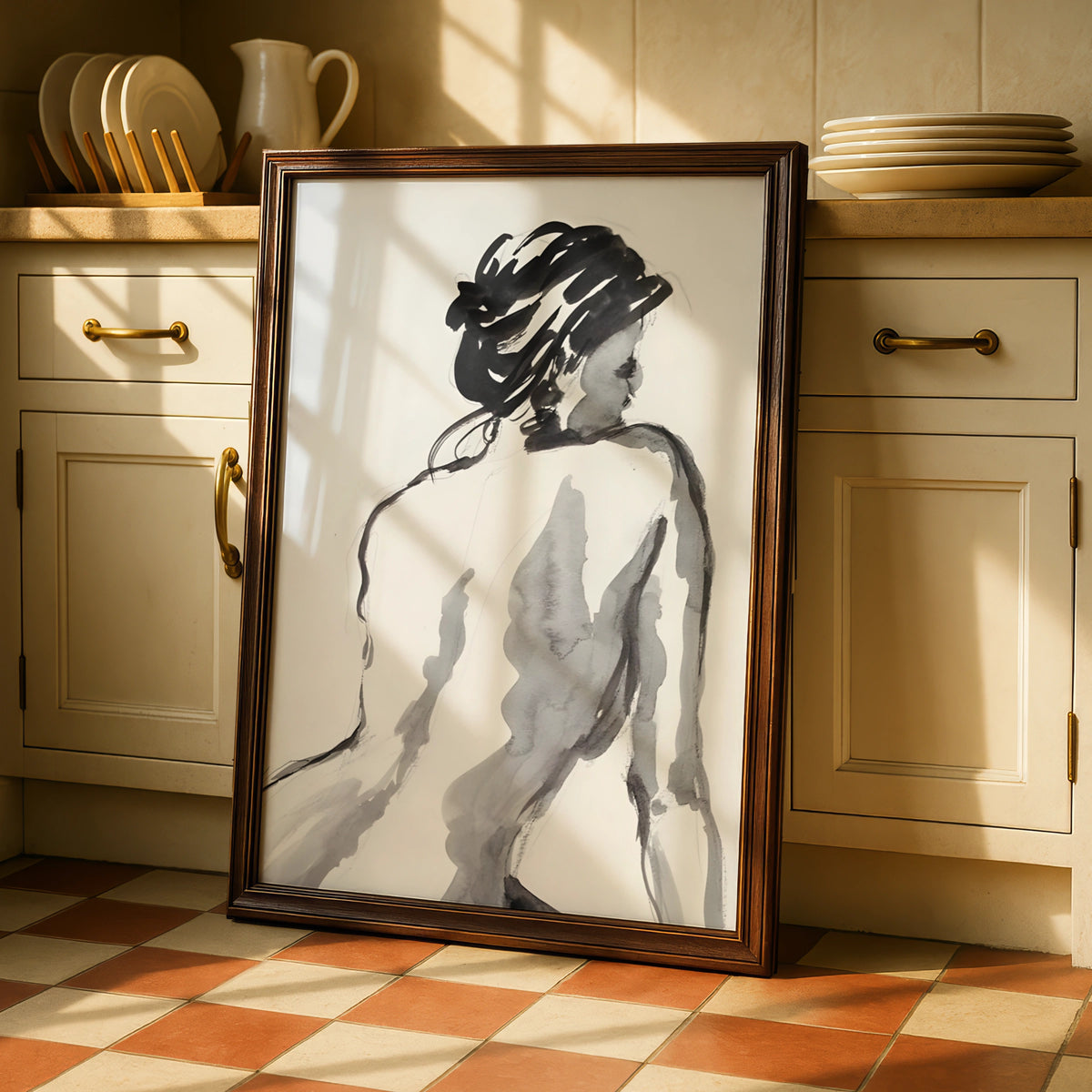 Female Figure Ink Sketch Print, Monochrome Wall Art, Minimalist Black and White Poster