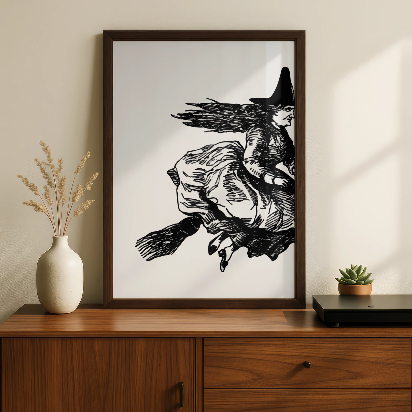 Halloween Witch on Broomstick Poster, Black White Vintage Witch Art Print, Spooky Wall Art