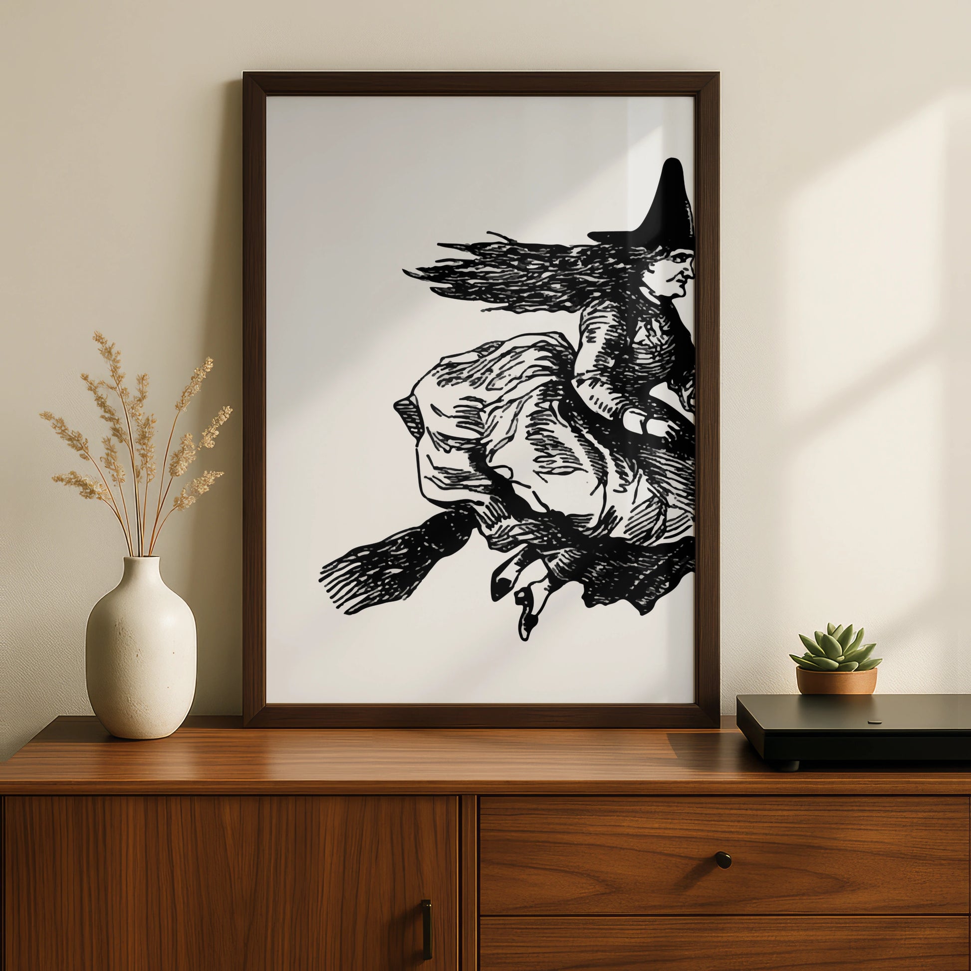 Halloween Witch on Broomstick Poster, Black White Vintage Witch Art Print, Spooky Wall Art