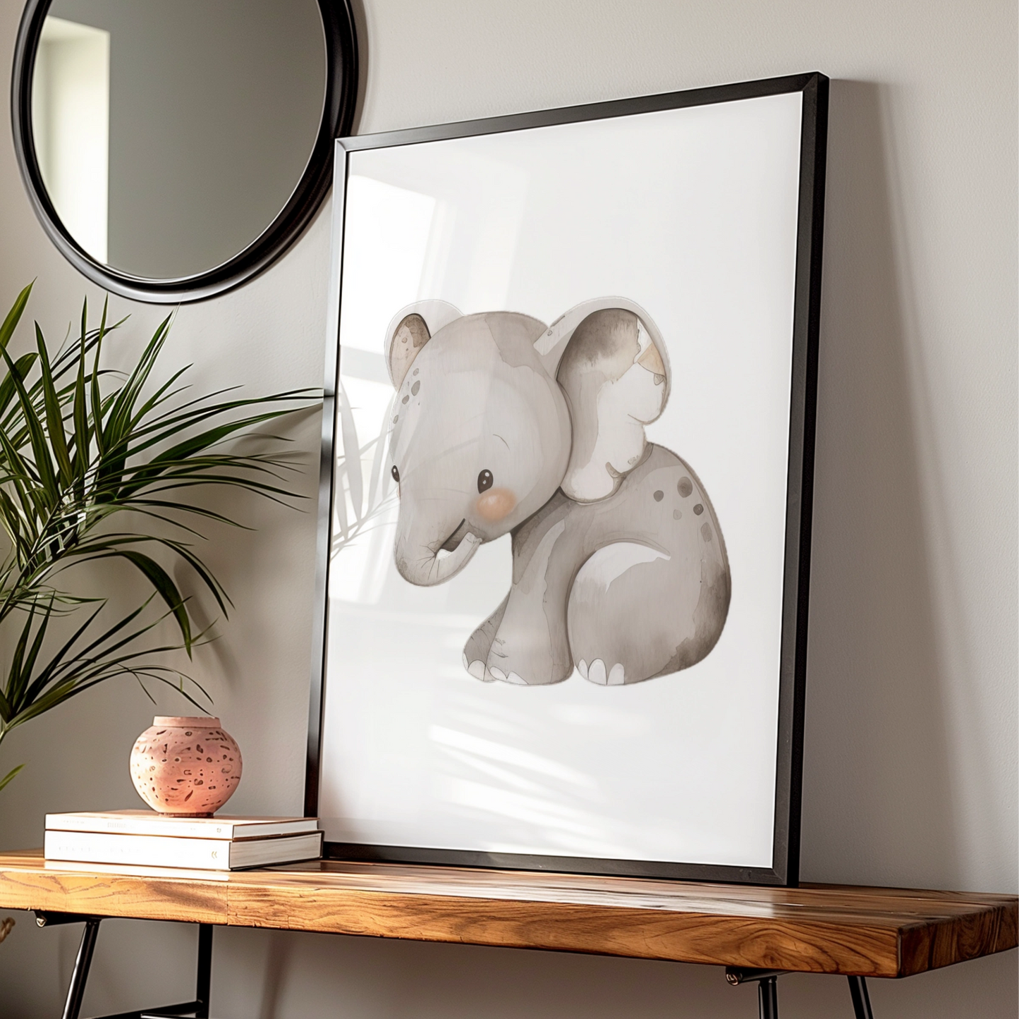 Baby Elephant Nursery Wall Art, Cute Safari Animal Poster, Grey Watercolour Print for Kids Room
