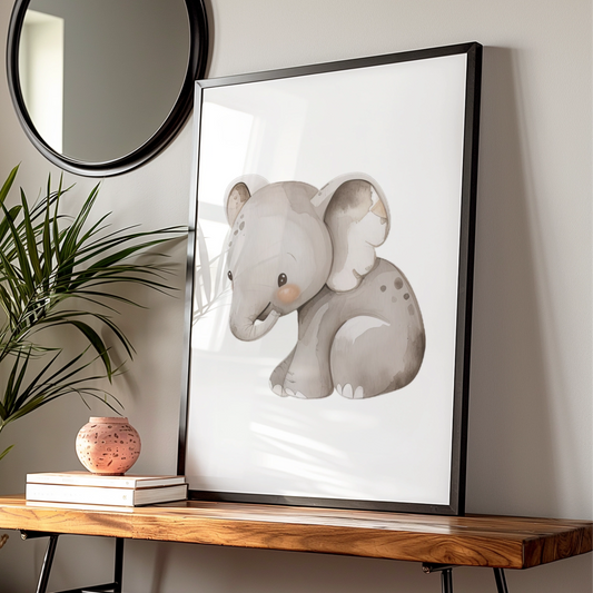 Baby Elephant Nursery Wall Art, Cute Safari Animal Poster, Grey Watercolour Print for Kids Room