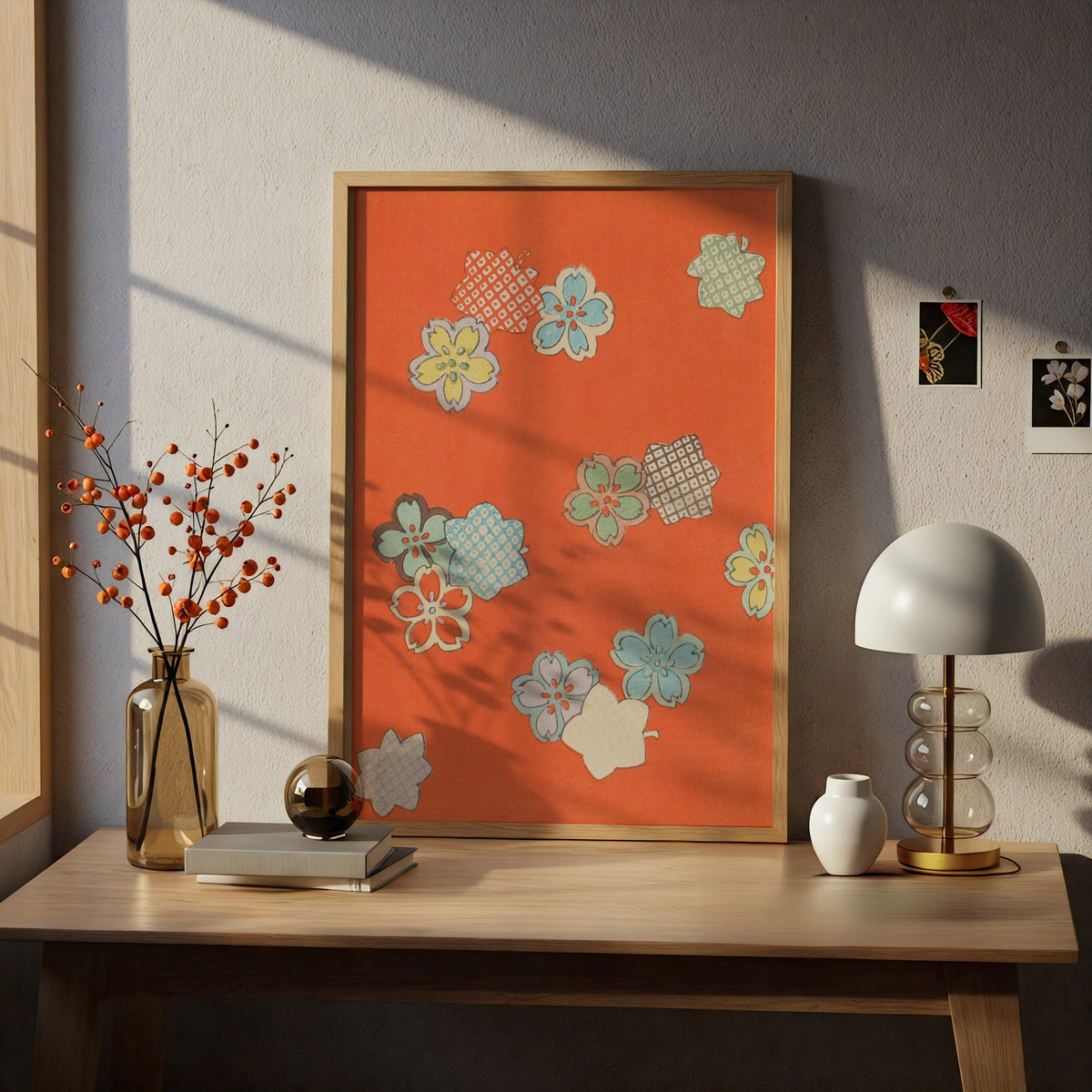 Vintage Japanese Sakura Floral Print, Orange Woodblock Wall Art, Japandi Poster – A4 print