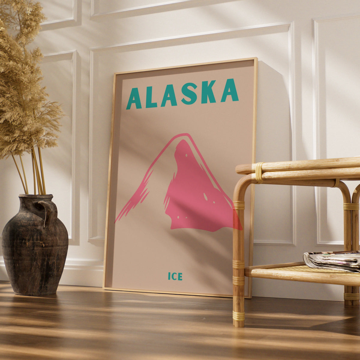 Alaska Travel Poster, Retro Mountain Ice Print, USA Wall Art, Pink Teal Minimalist Decor
