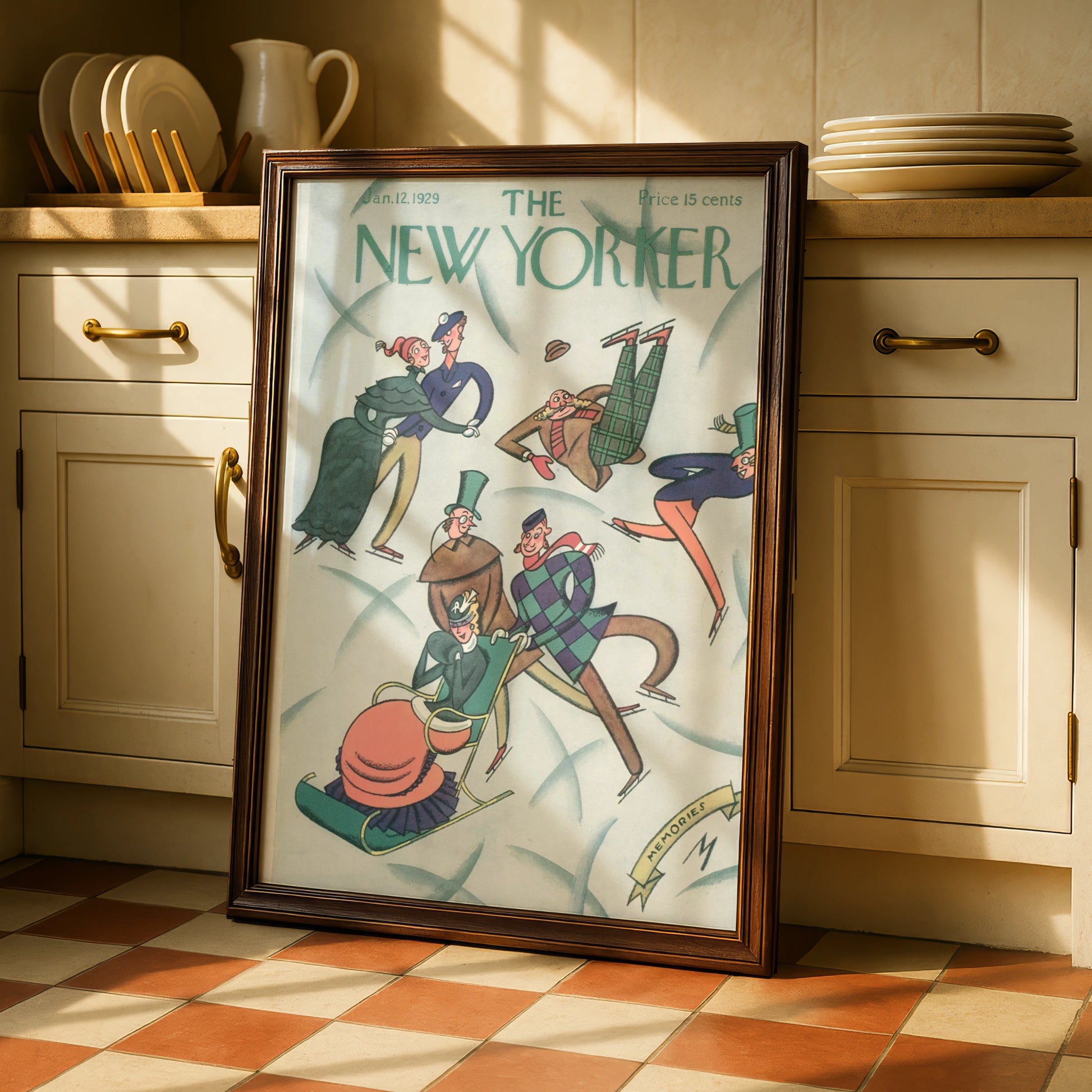 New Yorker 1929 Ice Skating Cover Poster, Vintage Winter Art Print, Retro Wall Art
