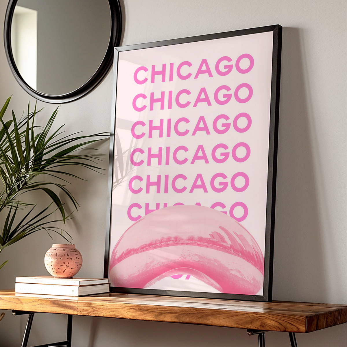 Chicago Travel Poster Pink Wall Art, Illinois City Print, Retro USA Travel Decor
