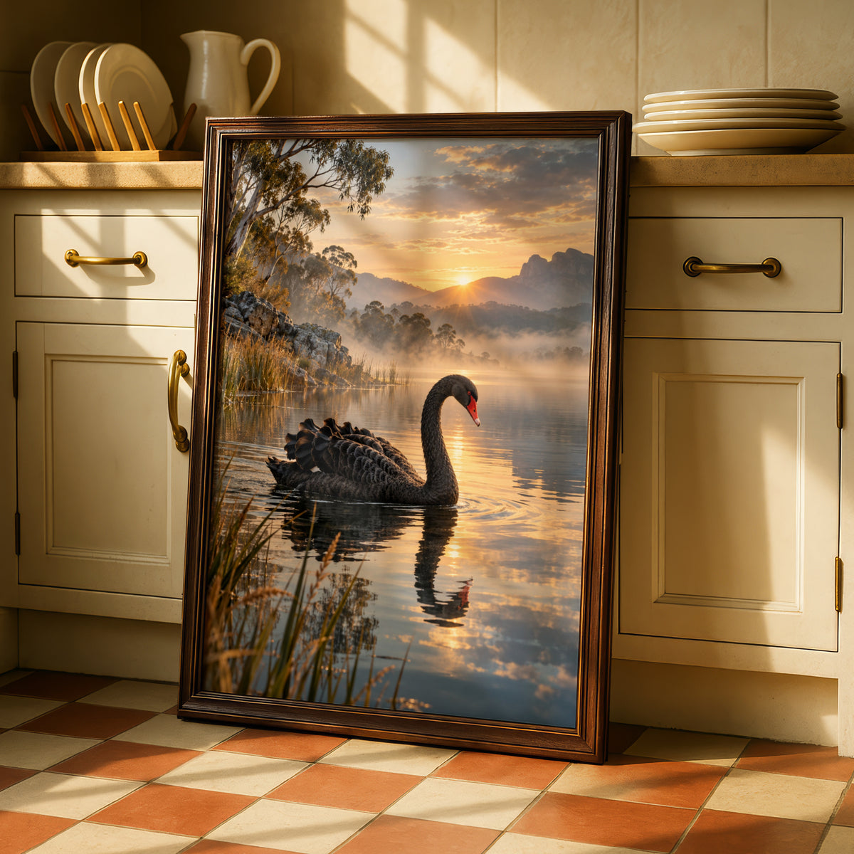 Black Swan Lake Sunrise, Australian Landscape Print, Wildlife Wall Art, Nature Poster