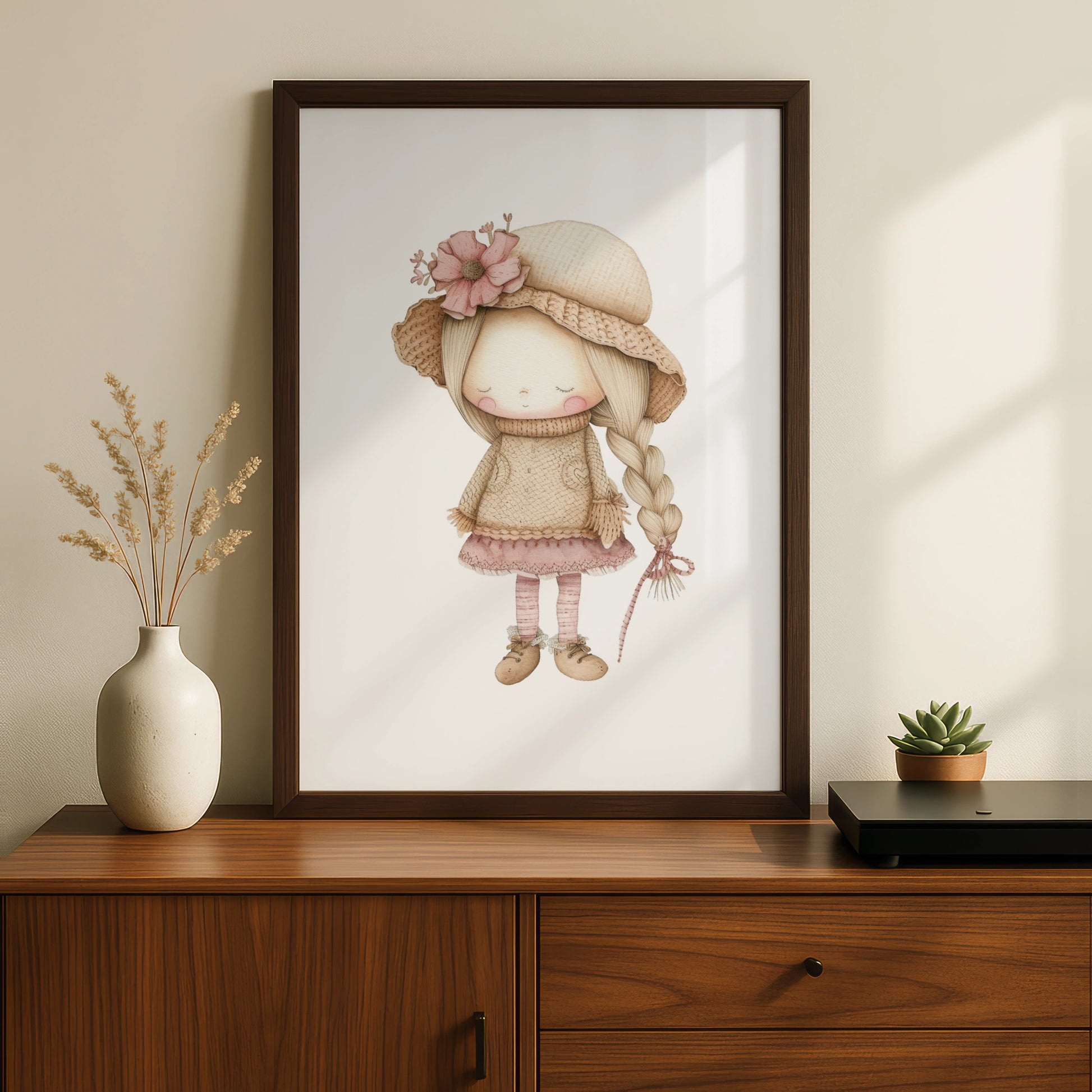Nursery Wall Art Girl Print, Boho Doll Poster, Pink Beige Baby Girl Room Decor