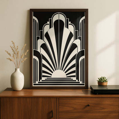 Art Deco Sunburst Poster, Monochrome Wall Art, Black and White Geometric Print