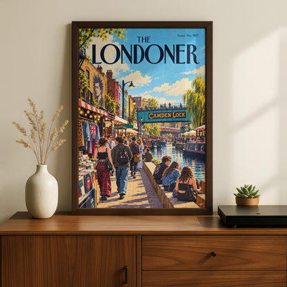 The Londoner Camden Lock Poster, London Wall Art, Canal Market Illustration, Retro Magazine Cover