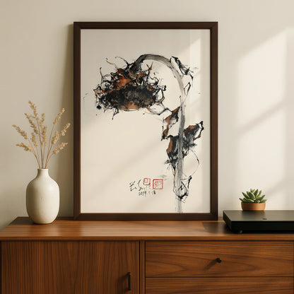 Ink Brush Sunflower Print, Japanese Style Monochrome Wall Art, Abstract Botanical Poster