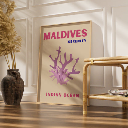 Maldives Travel Poster, Indian Ocean Wall Art, Coral Print, Retro Tropical Decor