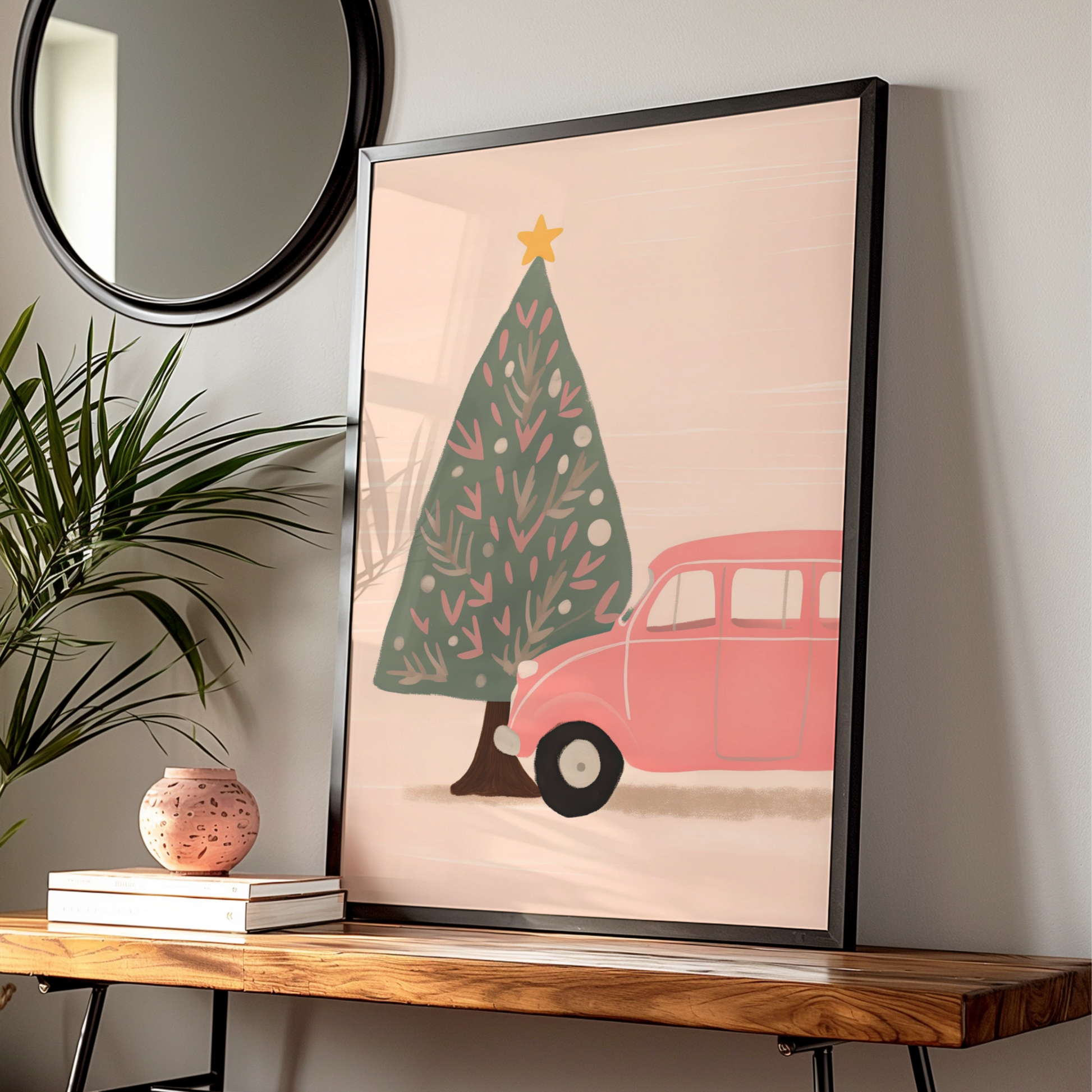Pink Retro Car Christmas Poster, Festive Tree Wall Art, Cute Xmas Print, Holiday Home Decor