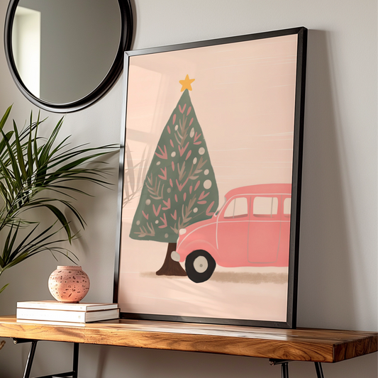 Pink Retro Car Christmas Poster, Festive Tree Wall Art, Cute Xmas Print, Holiday Home Decor
