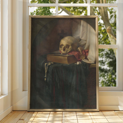 Vanitas Skull Still Life Halloween Art Print, Gothic Memento Mori Poster, Dark Academia Wall Art