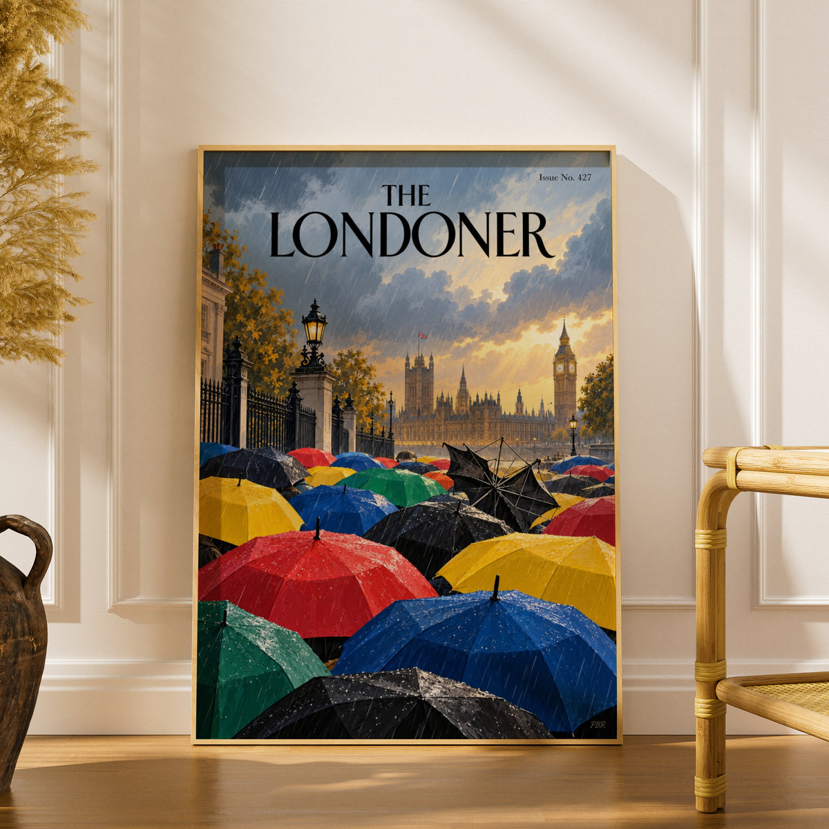 London Rainy Day Umbrellas Poster, Big Ben Westminster Wall Art, Colourful Magazine Cover Art Print