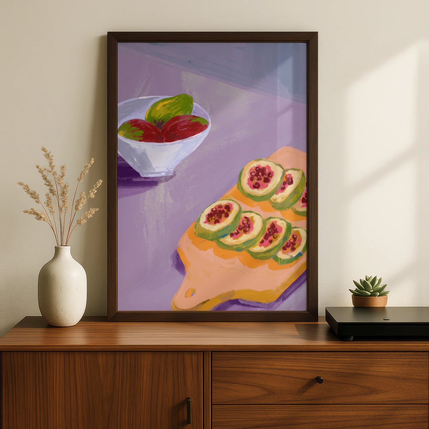 Maximalist Fruit Still Life Poster, Bold Kitchen Wall Art, Fig Cutting Board Print, Colourful