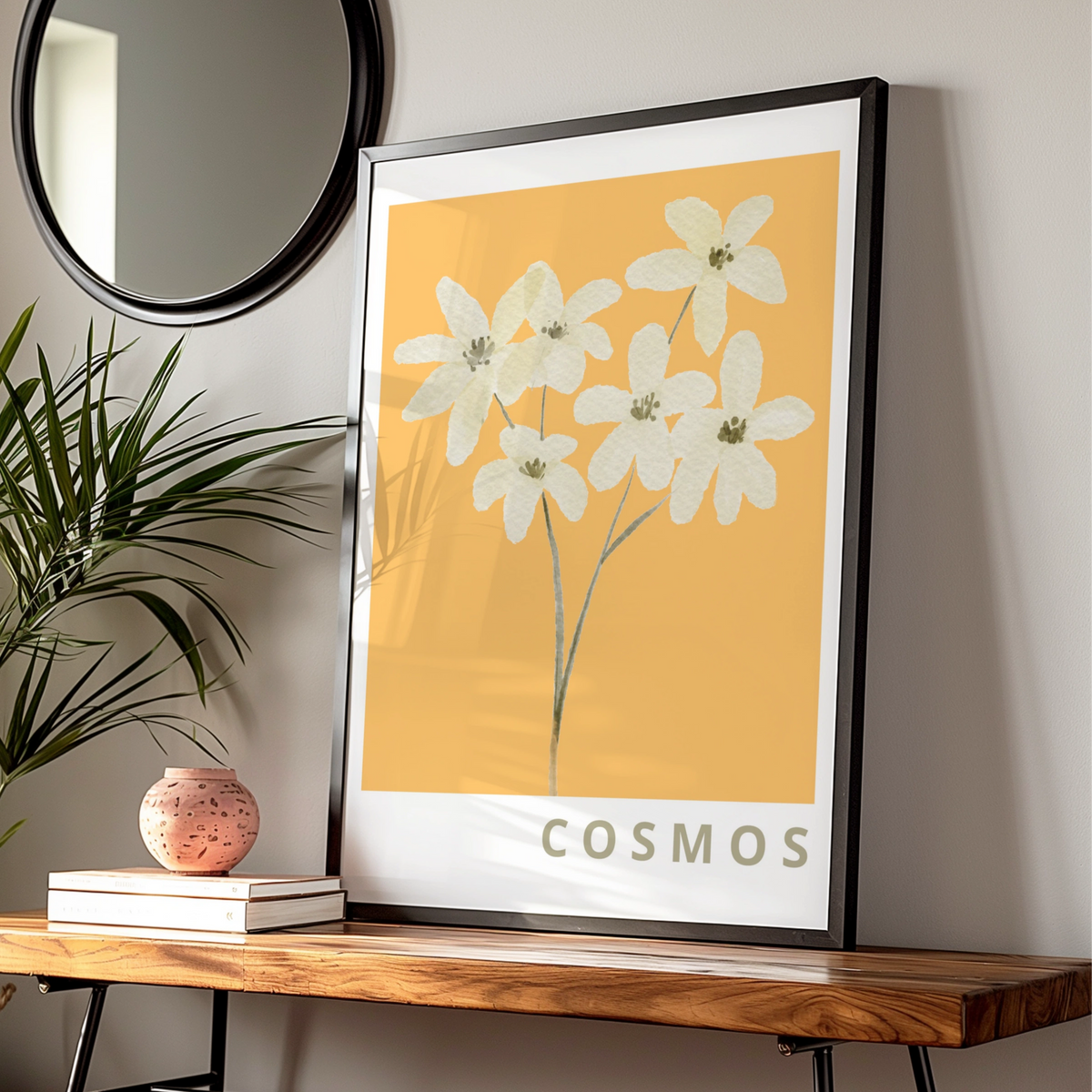 Cosmos Flower Botanical Poster, White Floral Wall Art, Mustard Yellow Modern Print