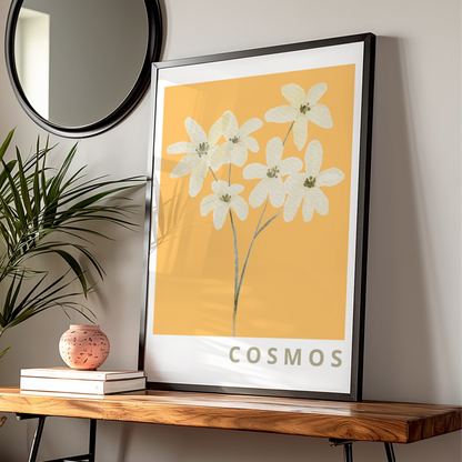 Cosmos Flower Botanical Poster, White Floral Wall Art, Mustard Yellow Modern Print