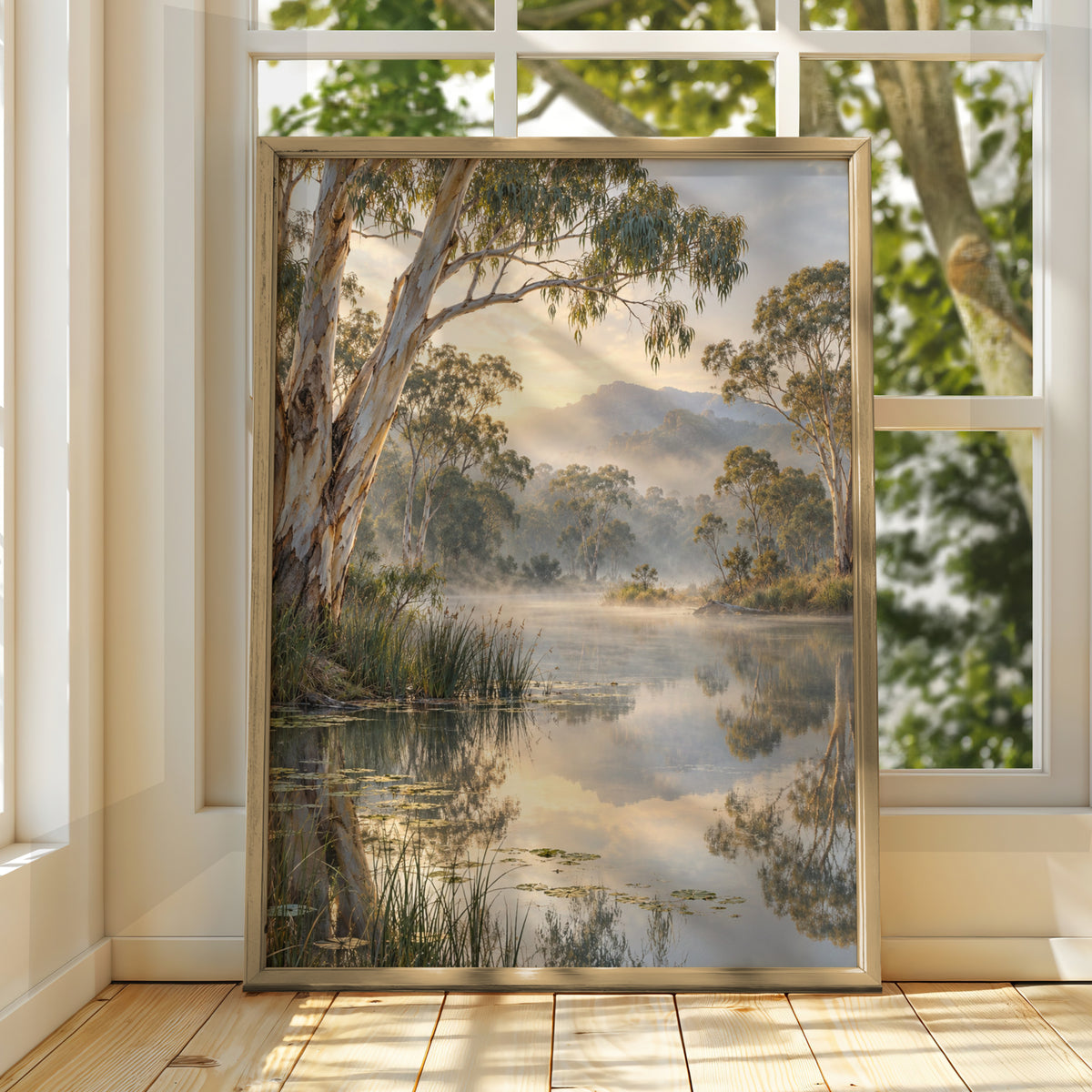 Australian Landscape Print, Misty River Gum Trees, Nature Wall Art, Eucalyptus Waterscape Poster