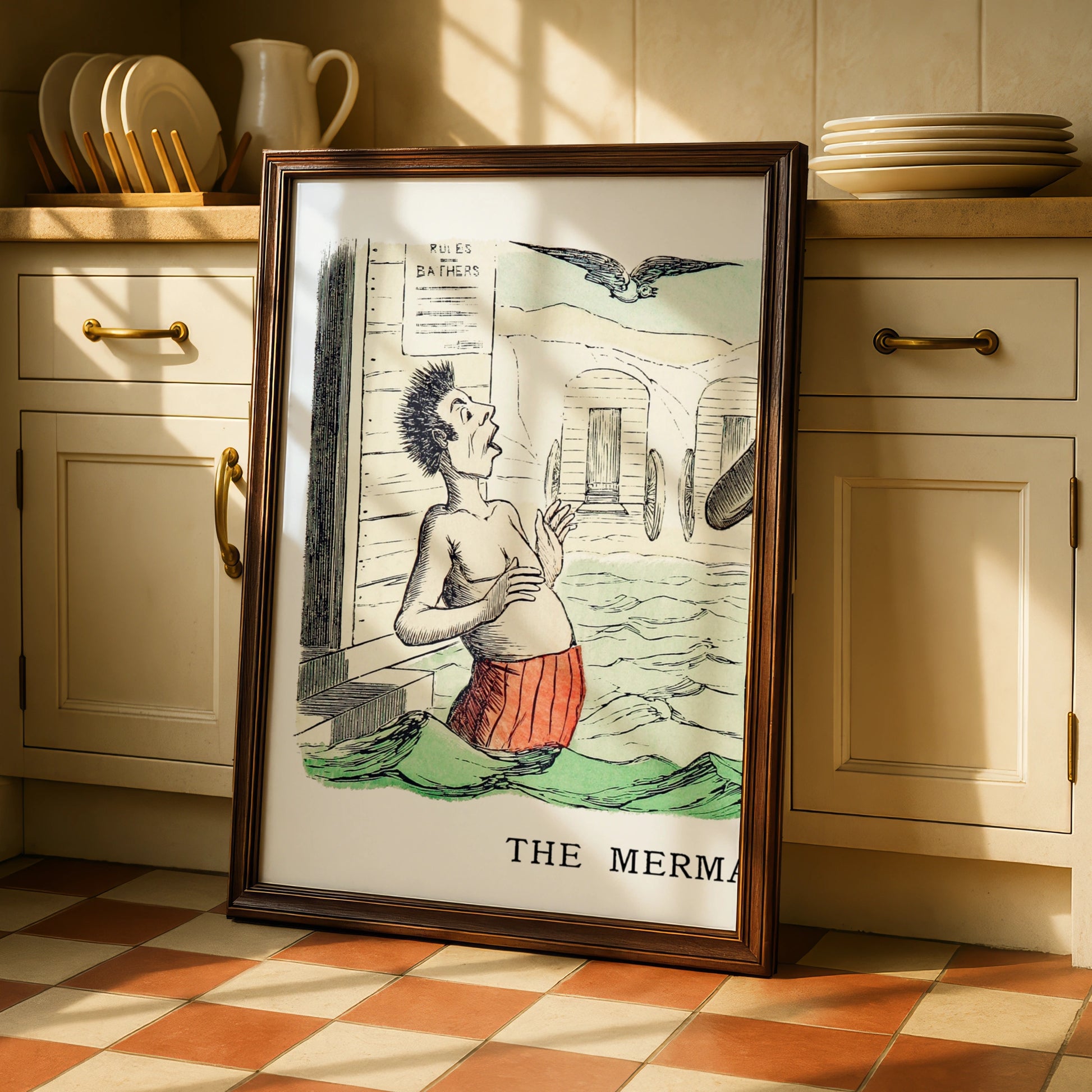 Vintage Bathing Comic Poster, Victorian Beach Humour Wall Art, Antique Seaside Print