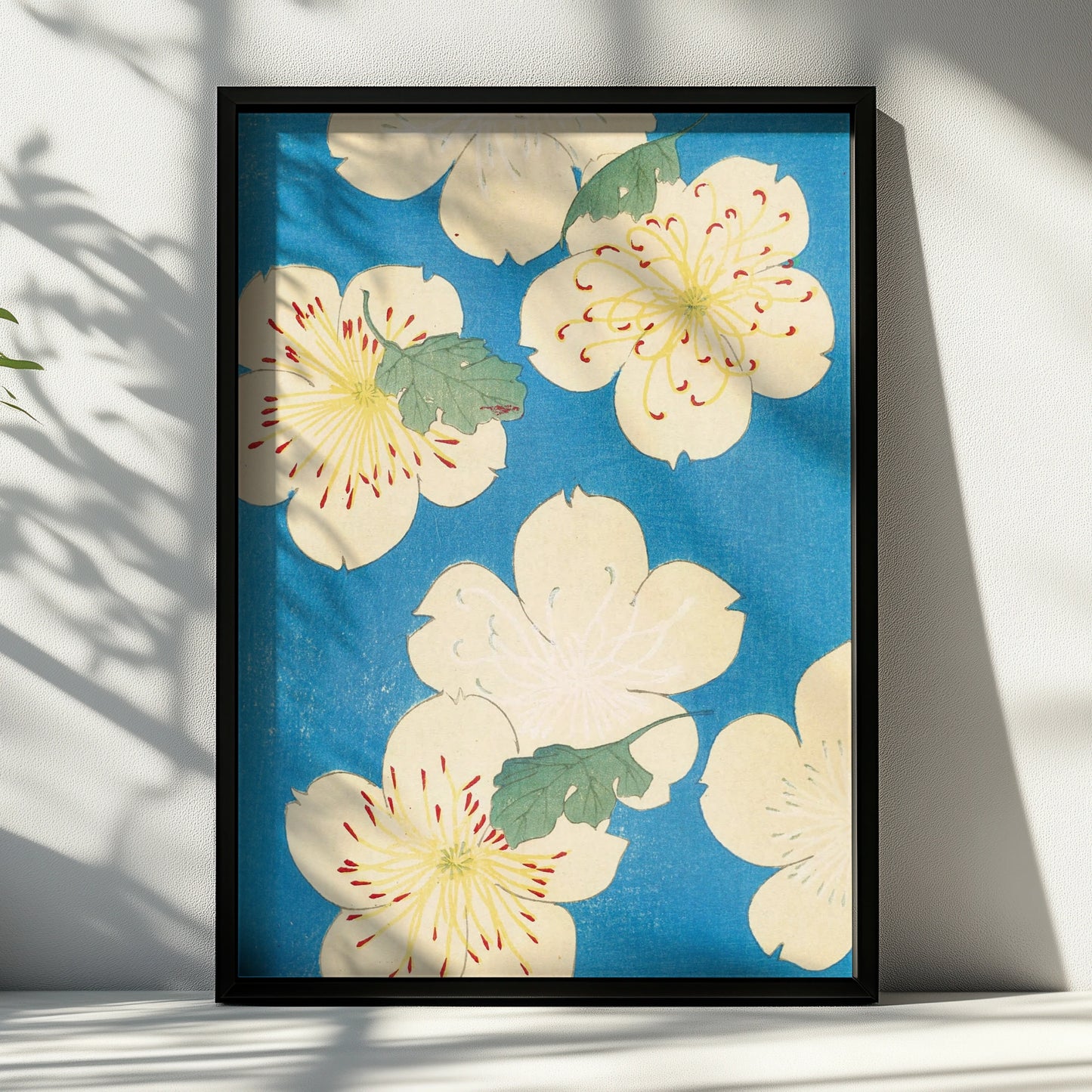 Japanese Botanical Print, Vintage Floral Woodblock Wall Art, Japandi Blue Flower Poster – A4 Black frame