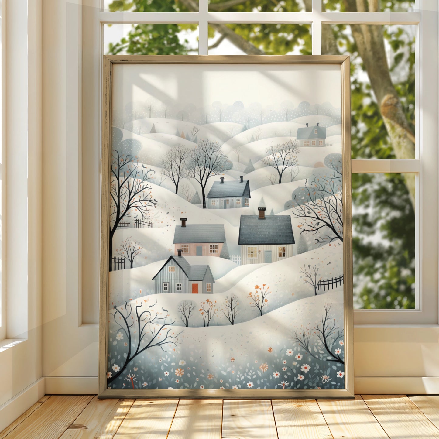 Christmas Winter Village Poster, Snowy Scandinavian Landscape, Festive Wall Art Print