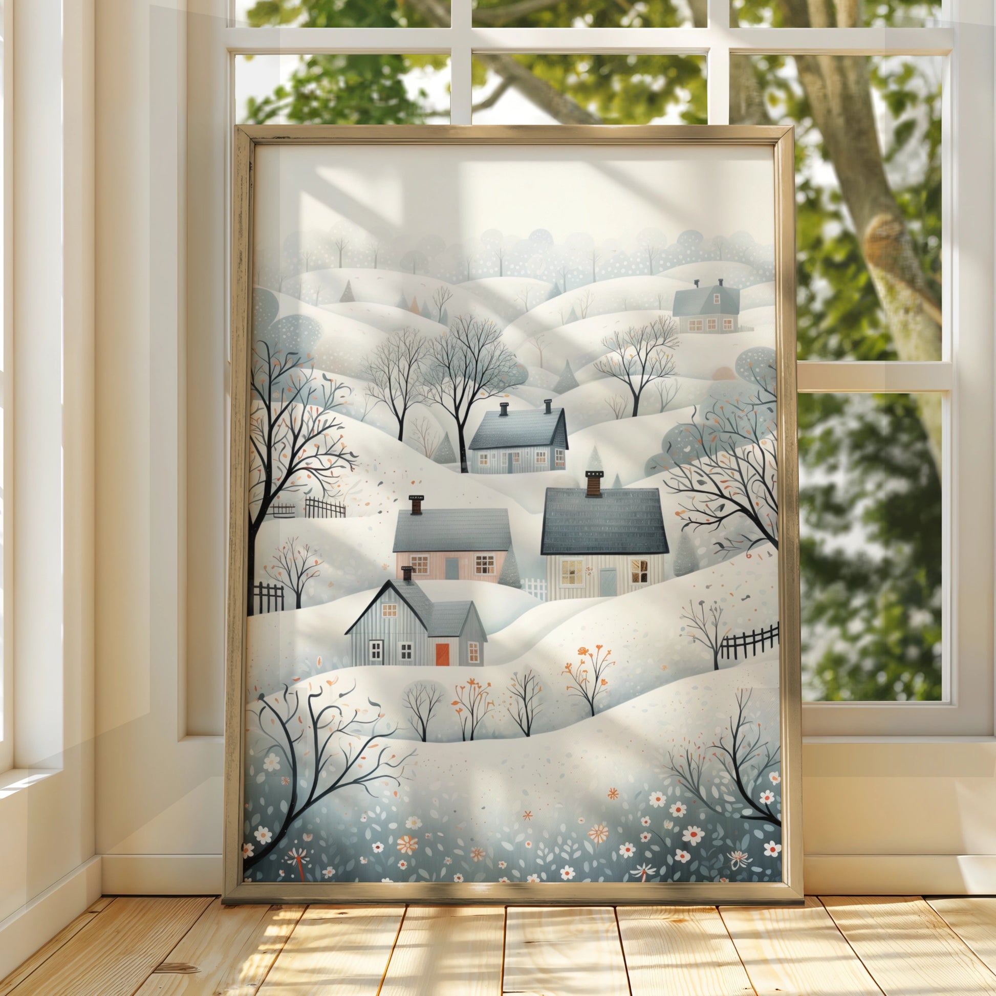 Christmas Winter Village Poster, Snowy Scandinavian Landscape, Festive Wall Art Print