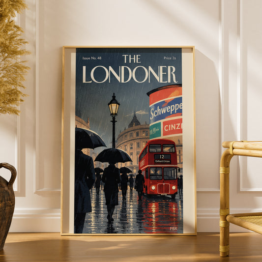 Rainy London Bus Poster, Vintage Magazine Cover Wall Art, Red Double Decker Print, Living Room Decor