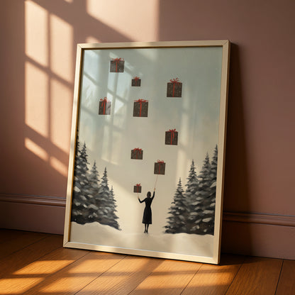 Christmas Poster, Floating Gifts Winter Wall Art, Festive Snowy Scene, Minimalist Xmas Print