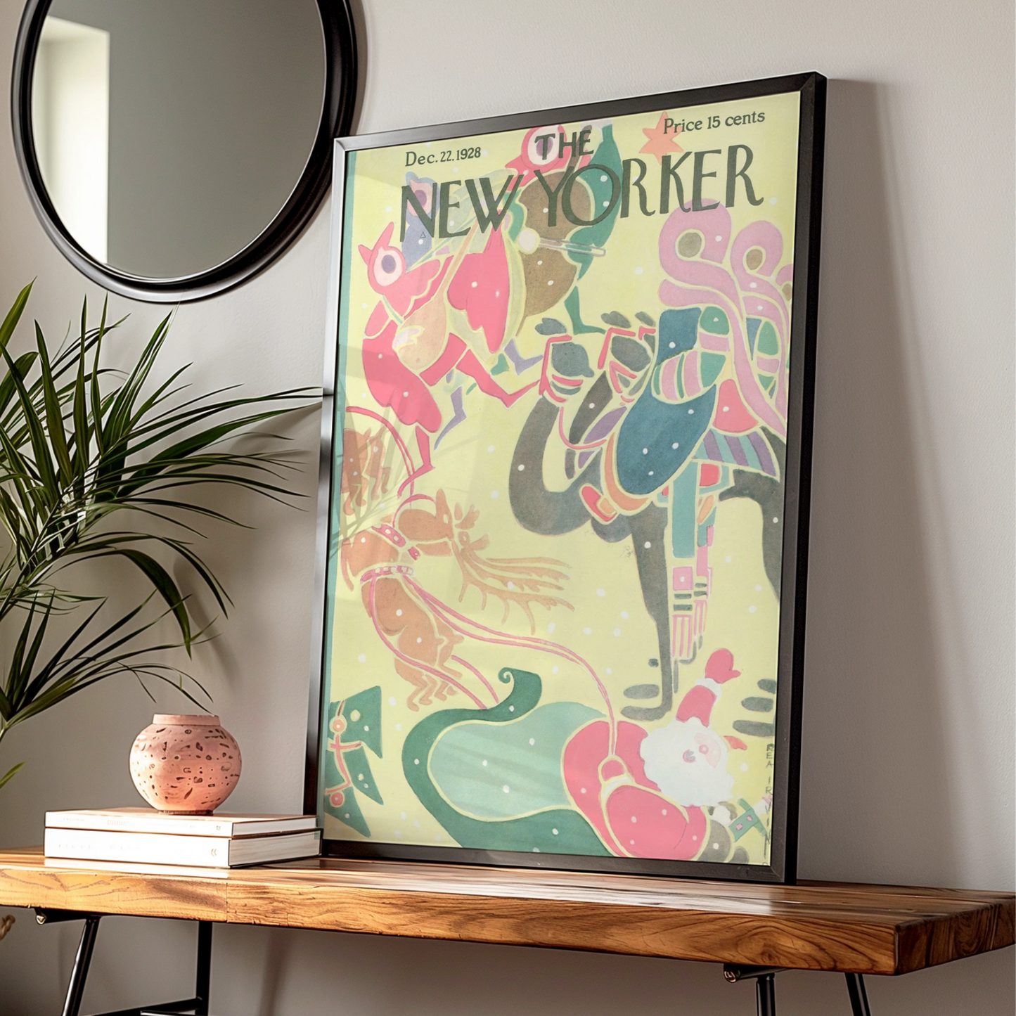 New Yorker Christmas 1928 Cover Poster, Santa Reindeer Art Deco Holiday Wall Art