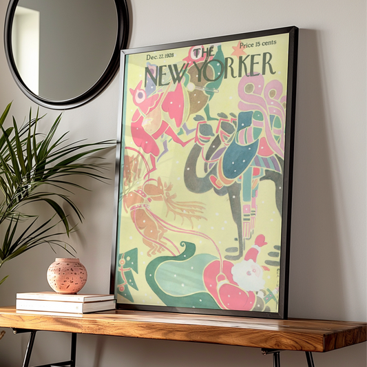 New Yorker Christmas 1928 Cover Poster, Santa Reindeer Art Deco Holiday Wall Art