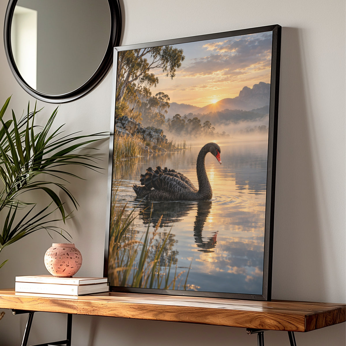 Black Swan Lake Sunrise, Australian Landscape Print, Wildlife Wall Art, Nature Poster — Digital Download