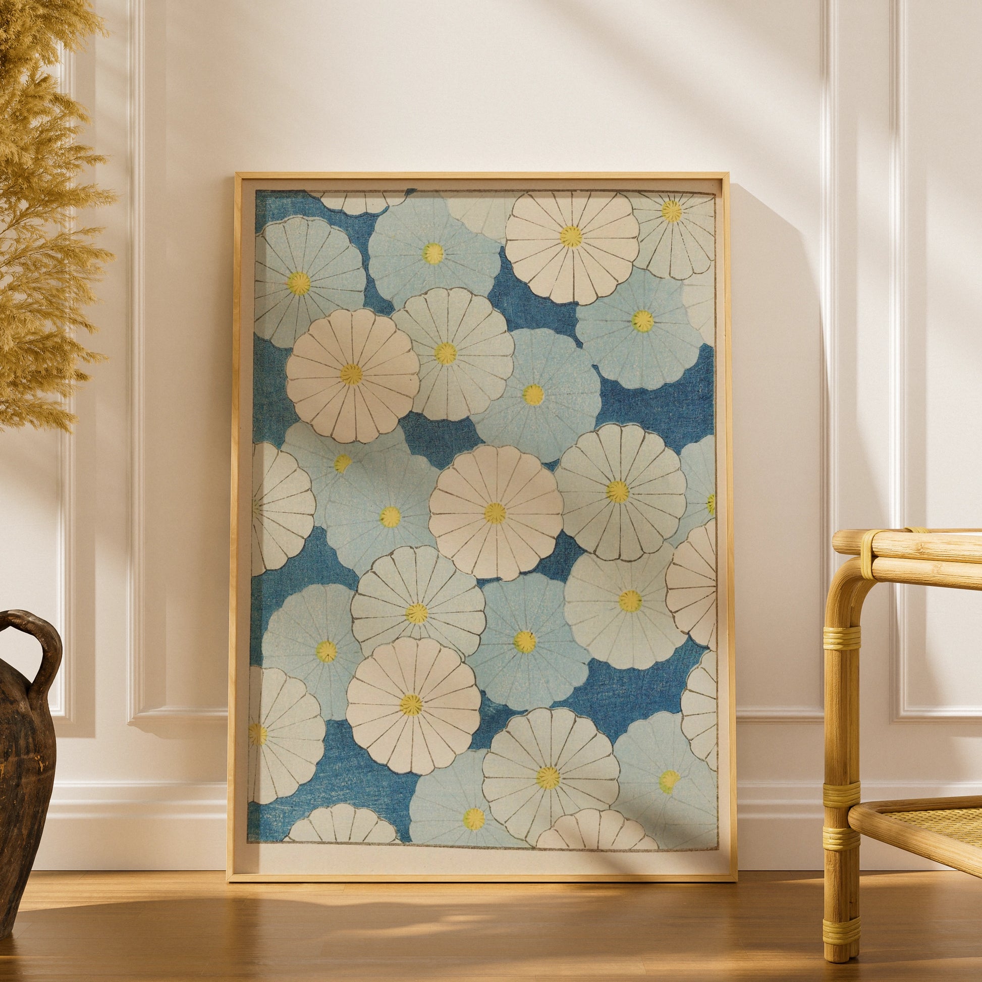 Japanese Botanical Print, Vintage Floral Woodblock Wall Art, Blue Chrysanthemum Japandi Poster – A5 print