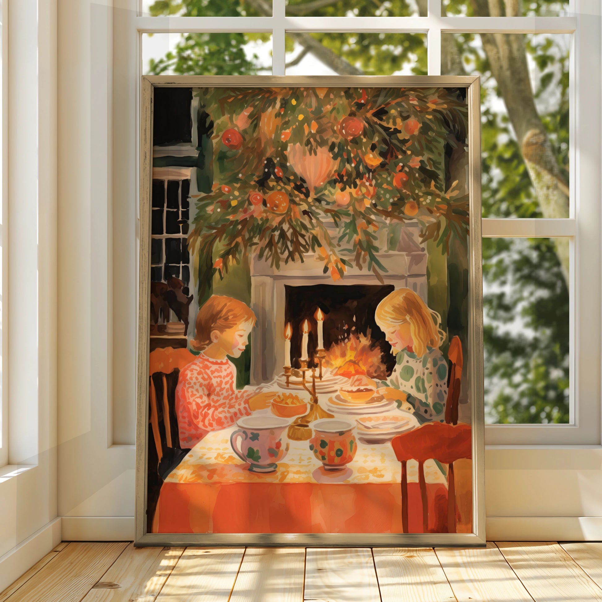 Christmas Dinner Poster, Children by Fireplace, Festive Holiday Wall Art, Cosy Vintage Scene Print