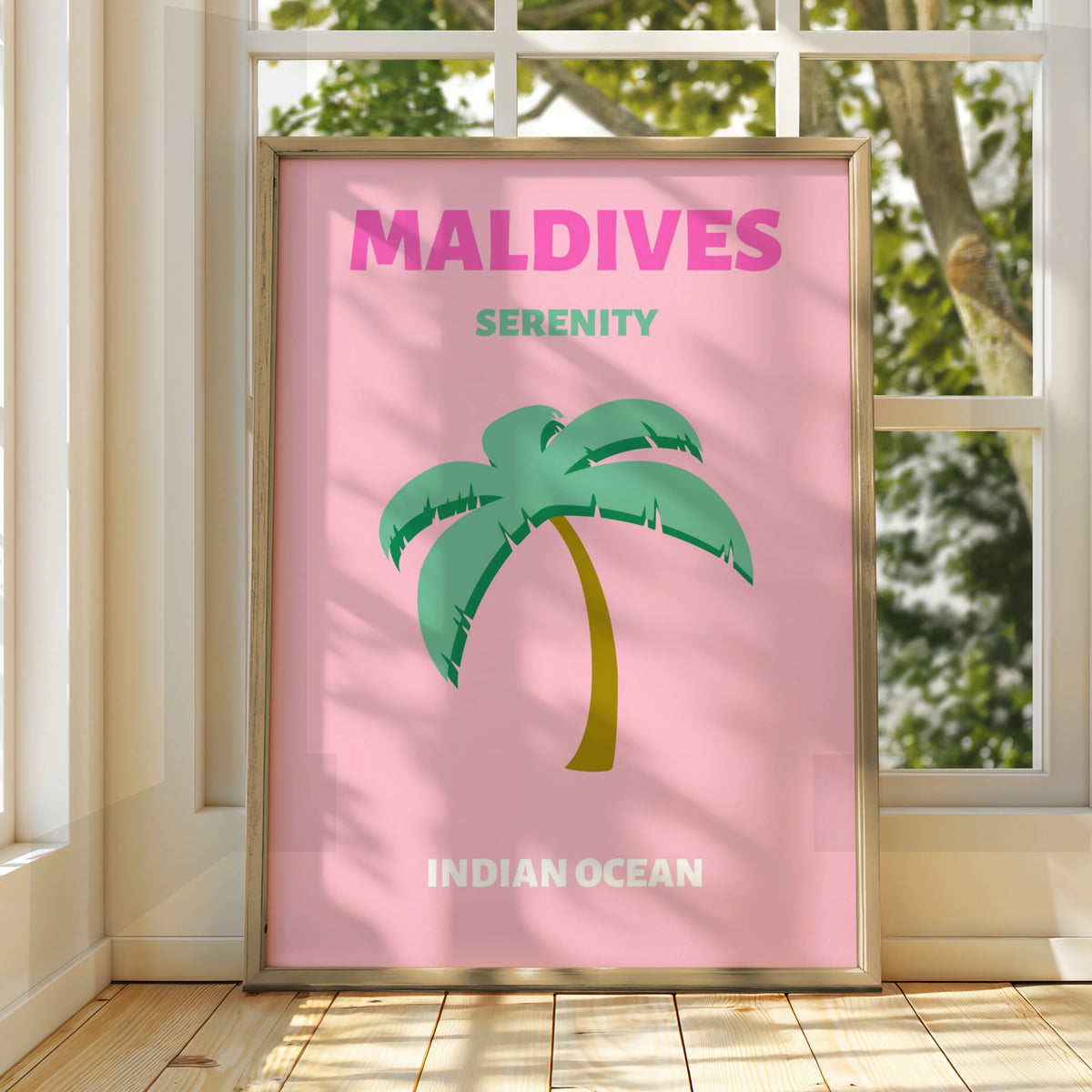 Maldives Travel Poster, Indian Ocean Wall Art, Retro Palm Tree Print, Pink Tropical Decor