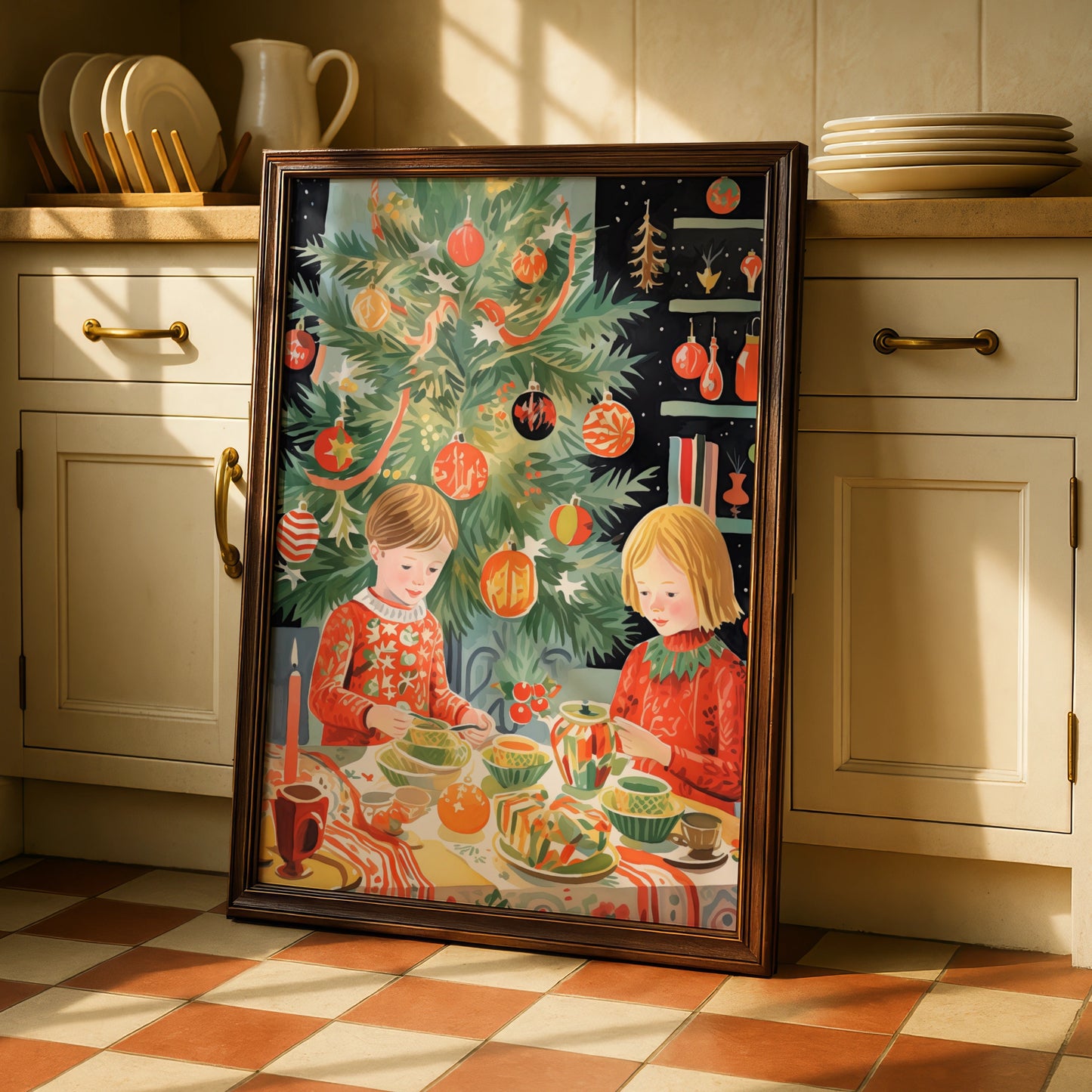 Christmas Dinner Poster, Festive Children Holiday Wall Art, Retro Xmas Tree Print, Kids Room Decor