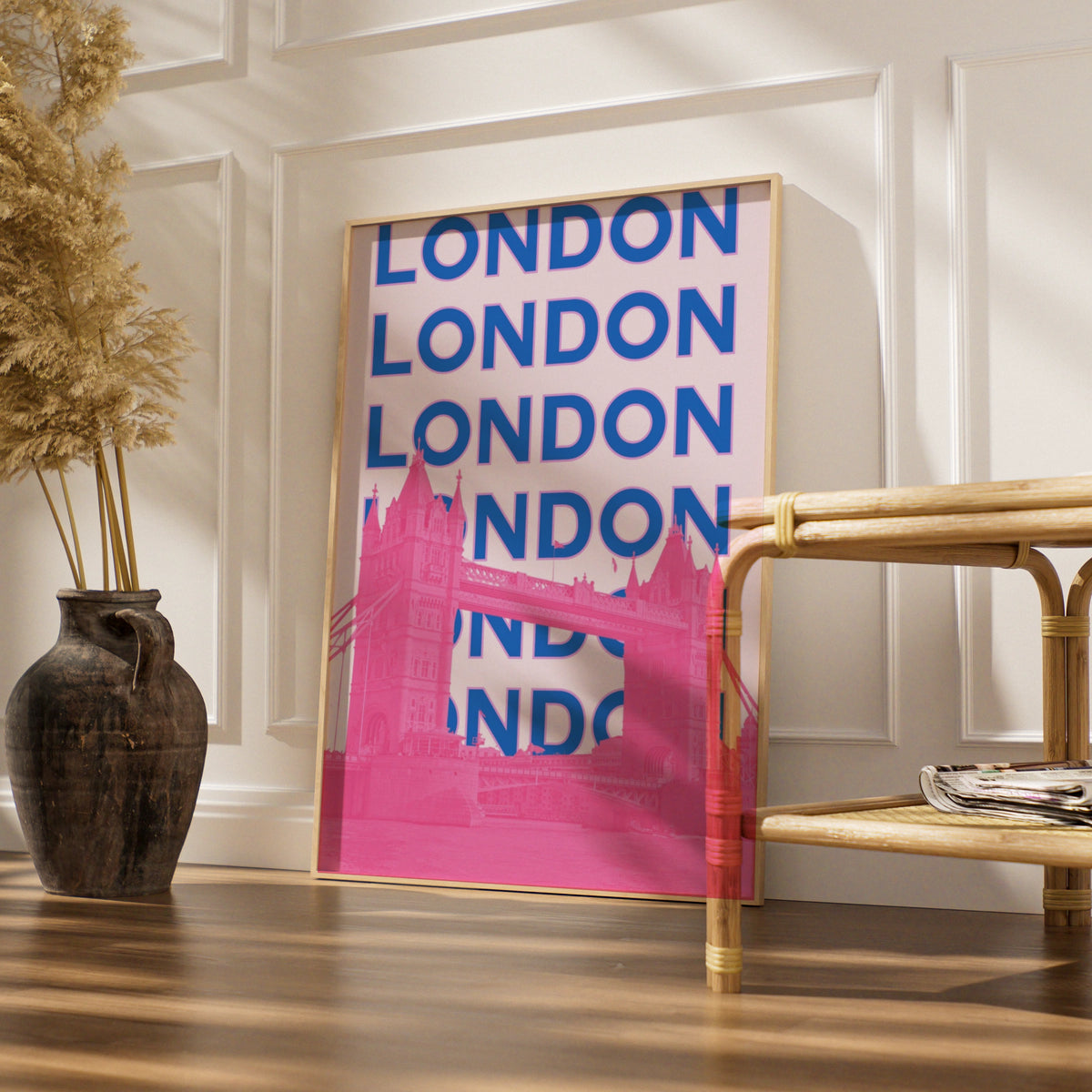 London Travel Poster, Tower Bridge Wall Art, Retro Bold Pink Blue UK Print