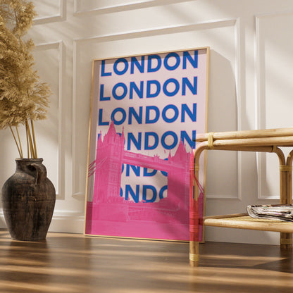 London Travel Poster, Tower Bridge Wall Art, Retro Bold Pink Blue UK Print