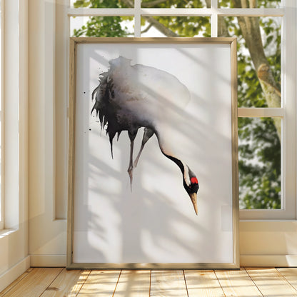 Red-Crowned Crane Print, Japanese Ink Art, Monochrome Bird Poster, Modern Wall Decor
