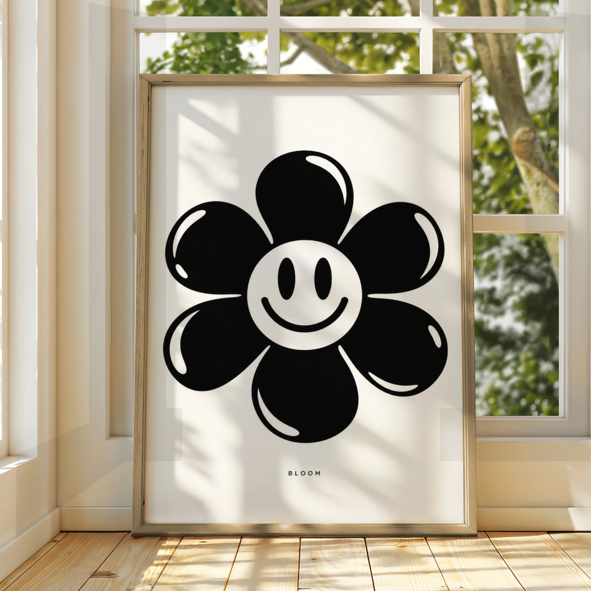 Bloom Smiley Flower Print, Monochrome Wall Art, Black and White Retro Floral Poster