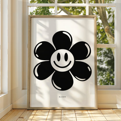 Bloom Smiley Flower Print, Monochrome Wall Art, Black and White Retro Floral Poster