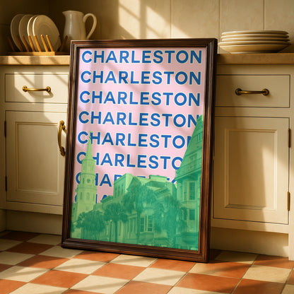Charleston South Carolina Travel Poster, Retro City Wall Art, Pink Blue Print