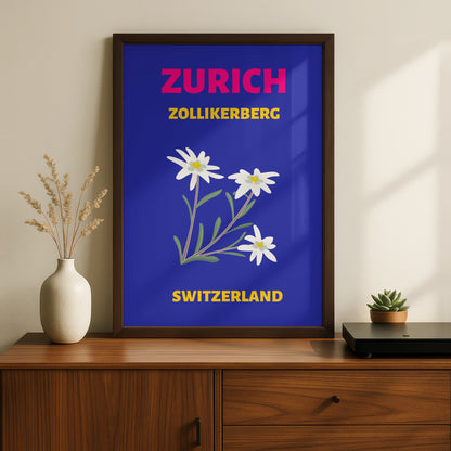 Zurich Switzerland Travel Poster, Zollikerberg Edelweiss Retro Wall Art Print