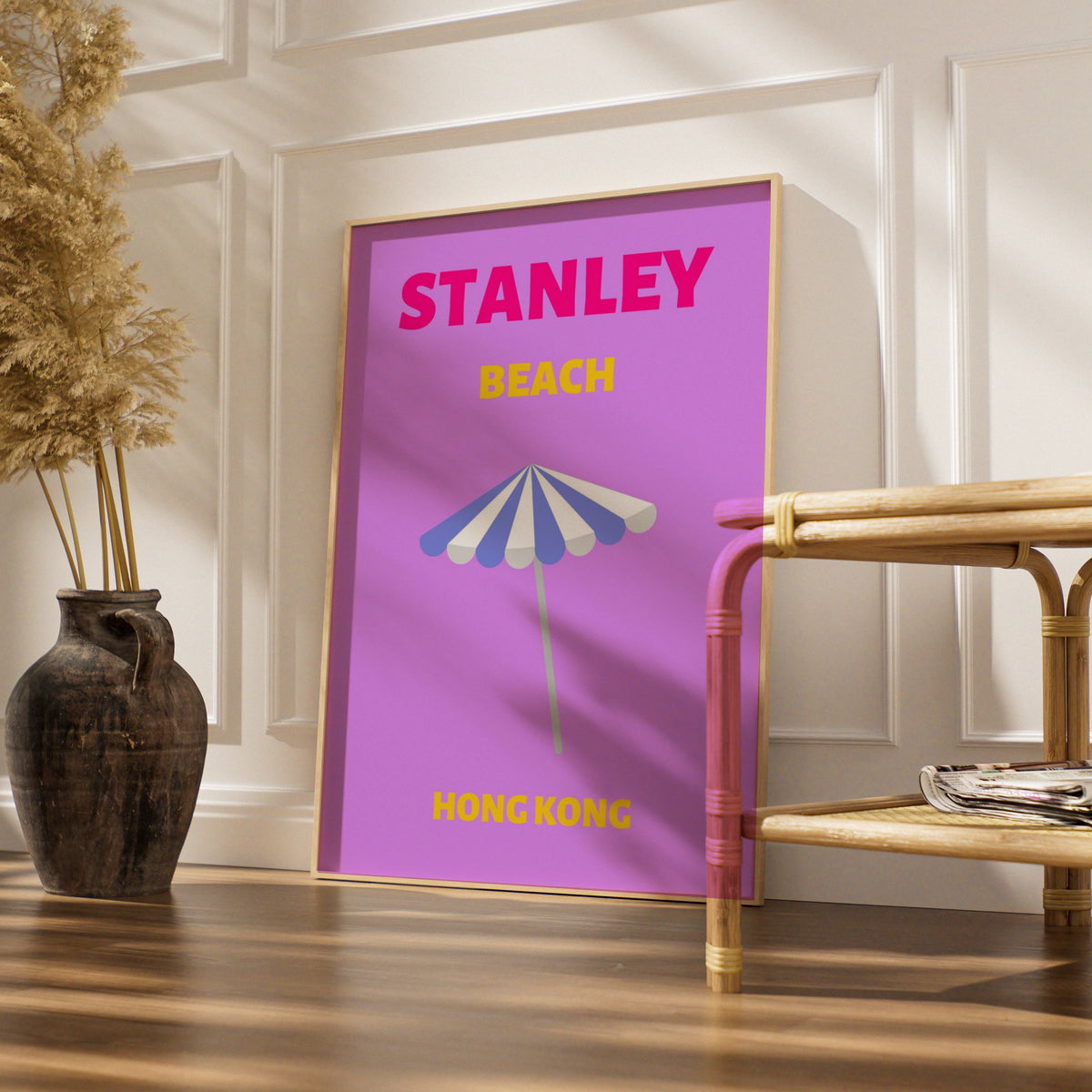 Stanley Beach Hong Kong Travel Poster, Retro Wall Art, Colourful Beach Print
